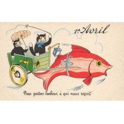CHATS -MK40173 1ER AVRIL CHATS NOIR DANS UNE CHARETTE TIRE PAR UN POISSON PARAPLUIE KLAXON