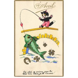CHATS -MK40163 1ER AVRIL CHAT QUI PECHE UN POISSON CANNE A PECHE FER A CHEVAL TREFLES