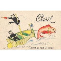 CHATS -MK40171 1ER AVRIL CHATS SUR UN BATEAU TIRE PAR UN POISSON