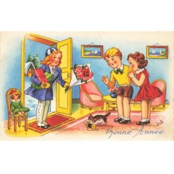 CHATS -MK40059 BONNE ANNEE CADEAU BOUQUET FLEURS POUPEE ENFANTS ET UN CHAT