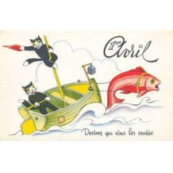CHATS -MK40175 1ER AVRIL CHATS NOIR DANS UN BATEAU TIRE PAR UN POISSON