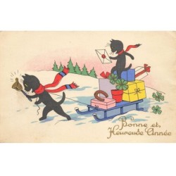 CHATS -MK40169 BONNE ET HEUREUSE ANNEE CHATS LUGE CADEAUX CLOCHE