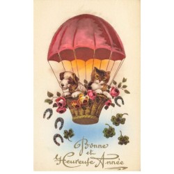 CHATS -MK40022 BONNE ET HEUREUSE ANNEE UN CHIEN ET UN CHAT DANS UN BALLON DIRIGEABLE MONGOLFIER