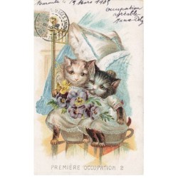 CHATS -MK40123 PREMIERE OCCUPATION 2 DEUX CHATS ASSIS SUR UN POT DE CHAMBRE FLEURS + PUB VERVEINE DU VELAY