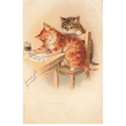 CHATS -MK40134 CHATS SUR UNE CHAISE QUI ECRIT SUR UNE FEUILLE ILLUSTRATEUR A.FLYDON