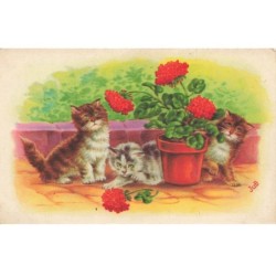 CHATS -MK40011 TROIS CHATS VASE FLEURS ROUGE