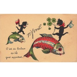 CHATS -MK40159 1ER AVRIL CHATS NOIR CHAPEAU POISSONS TREFLES
