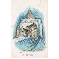 CHATS -MK40121 AMITIE LE REVEIL 1 DEUX CHATS ALLONGE DANS UN LIT FLEURS AJOUTIS