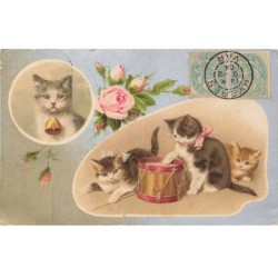 CHATS -MK43655 CHATS CLOCHETTE TAMBOUR FLEURS ROSE