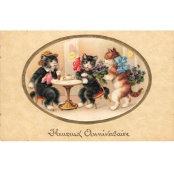CHATS -MK43663 HEUREUX ANNIVERSAIRE CHATS A TABLE BOISSONS CHAPEAU FLEURS PITTIUS