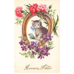 CHATS -MK40021 BONNE FETE CHAT GRIS FER A CHEVAL FLEURS