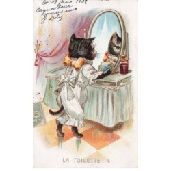 CHATS -MK40125 LA TOILETTE 4 CHAT EN CHEMISE DE NUIT DEVANT UN MIROIR + PUB VERVEINE DU VELAY