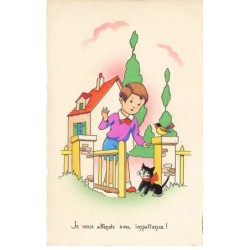 CHATS -MK40153 PETIT GARCON MAISON OISEAU ET CHAT NOIR