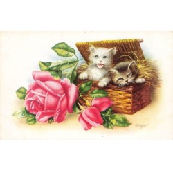 CHATS -MK40017 CHATS BLANC ET GRIS DANS UN PANIER FLEURS ROSE PAR ILLUSTRATEUR