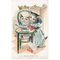 CHATS -MK40126 LE DEJEUNER 5 DEUX CHATS EN ROBES BOL FLEURS