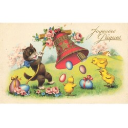 CHATS -MK40008 JOYEUSES PAQUES CHAT CLOCHE OEUFS POUSSINS PAYSAGE