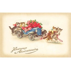 CHATS -MK40027 HEUREUX ANNIVERSAIRE CHATS QUI POUSSE UNE AUTO VOITURE