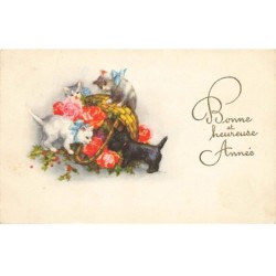 CHATS -MK40009 BONNE ET HEUREUSE ANNEE CHATS ET CHIEN PANIER DE FLEURS