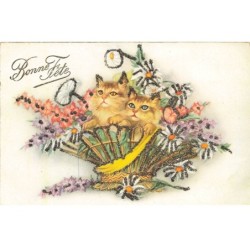 CHATS -MK40010 BONNE FETE CHATS PANIER DE FLEURS AJOUTIS
