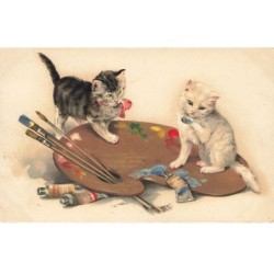 CHATS -MK40133 DEUX CHATS PALETTE DE PEINTURE PINCEAUX TUBES
