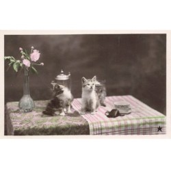 CHATS AG-MK807 DEUX CHATONS SUR UNE TABLE TASSE A CAFE ET FLEURS