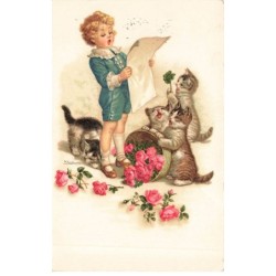 CHATS AD-MK190 FILLETTE CHATS FLEURS TREFLE PITTIUS PAR ILLUSTRATEUR