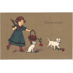 CHATS AG-MK813 BONNE ANNEE FILLETTE AVEC PANIER DE FLEURS ROSES ROUGE ET DEUX CHATS BLANC