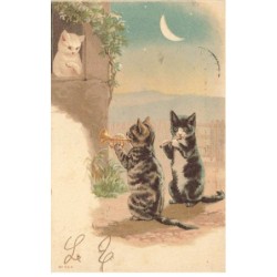 CHATS -MK40137 CHATTE BLANCHE A LA FENETRE ET DEUX CHATS TROMPETTE FLUTE LUNE MOON