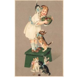 CHATS AF-DC478 CHATS JOUANTS AVEC UNE JEUNE FILLE TENANT UNE CORBEILLE
