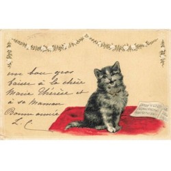 CHATS -MK43641 CHAT GRIS CHANTEUR SUR UN TAPIS ROUGE PARTITIONS GAUFREE