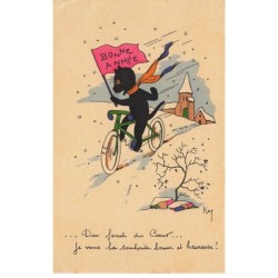 CHATS -MK40183 BONNE ANNEE CHAT QUI FAIT DU VELO SUR LA NEIGE ECHARPE