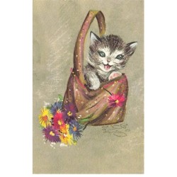 CHATS -MK43604 UN CHAT DANS UN SAC A MAIN FLEURS