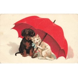 CHATS -MK43616 UN CHAT ET UN CHIEN SOUS UN PARAPLUIE ROUGE