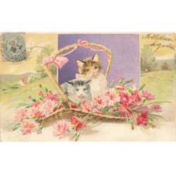 CHATS -MK43626 DEUX CHATS DANS UN PANIER DE FLEURS ET PAYSAGE