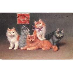 CHATS -MK43607 CINQS CHATS NOIR GRIS ROUX MARRON BLANC NOEUD PAPILLON VIOLET