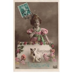 CHATS -MK39820 BONJOUR PETITE FILLE ET UN CHAT FLEURS