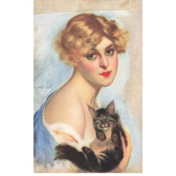 CHATS -MK39889 JEUNE FEMME ET SON CHAT PAR ILLUSTRATEUR G.HERVE