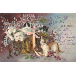 CHATS -MK43678 BONNE ANNEE 1905 CHATS DANS UN PANIER DE FLEURS