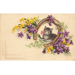 CHATS -MK39892 UN CHATON FER A CHEVAL FLEURS VIOLETTE ET JAUNE