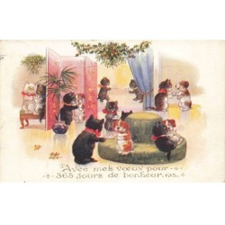 CHATS NOIRS -FG35064 CAT BLACK KATZEN VOEUX BONNE ANNEE CHATS ET CHIENS DANS UNE RECEPTION