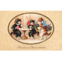 CHATS -MK46771 HEUREUX ANNIVERSAIRE CHAPEAU FLEURS PITTIUS