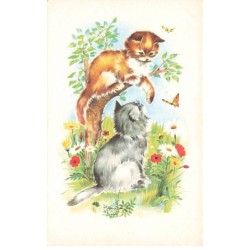 CHATS -MK39884 DEUX CHATS MARRONS ET GRIS FLEURS PAPILLONS