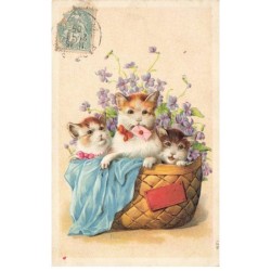 CHATS -MK44929 TROIS CHATS DANS UN PANIER  FLEURS MYOSOTIS VIOLETTE GAUFREE