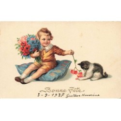 CHATS -MK44925 BONNE FETE PETITE FILLE BOUQUET DE FLEURS ET CHAT NOIR ET BLANC