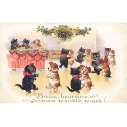 CHATS NOIRS -FG35065 CAT BLACK KATZEN BONNE ANNEE CHATS ET CHIENS QUI DANSENT LORS D UNE RECEPTION