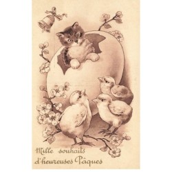 CHATS -MK44924 MILLE SOUHAITS D HEUREUSES PAQUES POUSSINS ET CHAT DANS UN OEUF GEANT CLOCHE