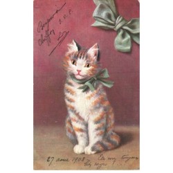 CHATS -MK44932 CHAT TIGRE AU YEUX JAUNES NOEUD VERT