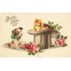 CHATS -MK44922 BONNE FETE CHIOT AVEC RUBAN GRELOT ET CHATS DANS UN CHAPEAU FLEURS ROSES