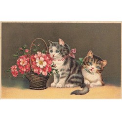 CHATS -MK46073 DEUX CHATS TIGRE ET PANIER DE FLEURS