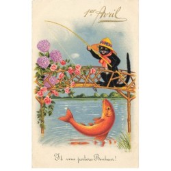 CHATS -MK41515 1ER AVRIL CHATS PECHEUR  POISSON CANNE A PECHE FLEURS
